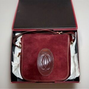 CARTIER Vintage 70s Classy Rouge Suede Leather Retro Flap Crossbody Bag